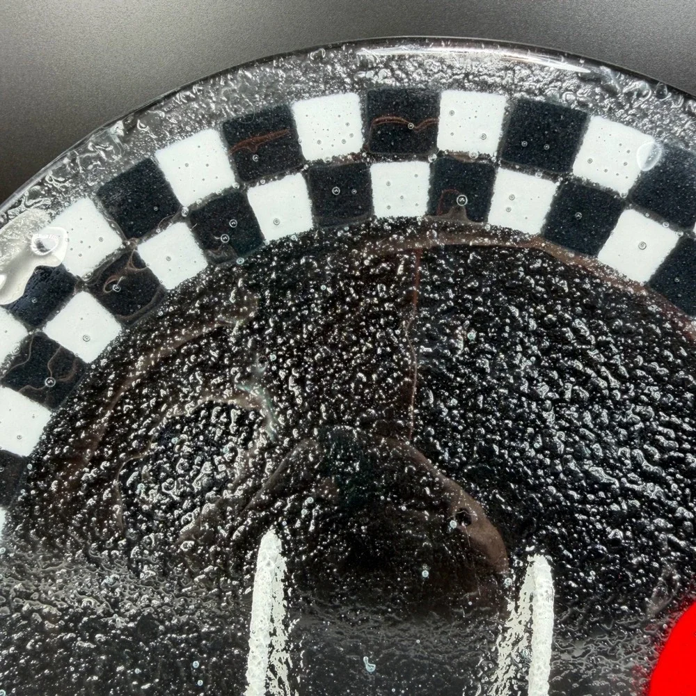 Peggy Karr Fused Glass Platter Black‎ White Checkerboard Apple Serving Tray 11